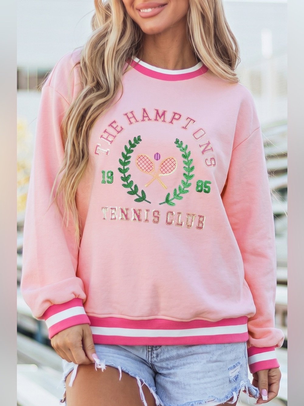 Embroidered Tennis Club Crew Neck Pullover Sweatshirt - Picture 3 of 4